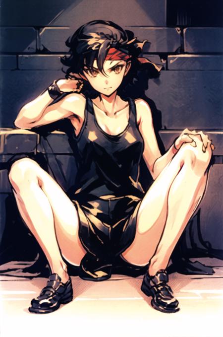 3978517024-886316787-shinkawa youji, 1girl, bandana, desert eagle, flipped hair, short hair, sitting, tank top, ((masterpiece))_.png